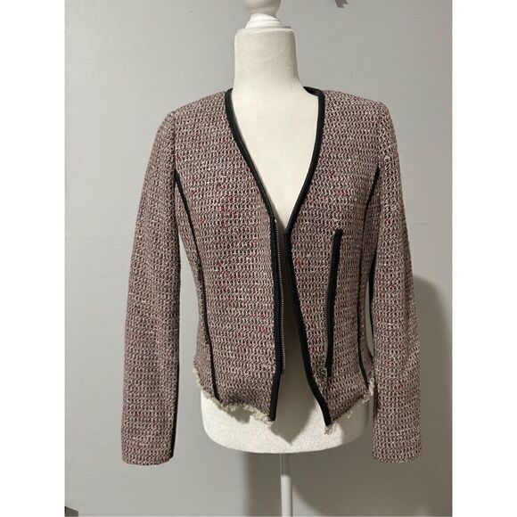 Rebecca Taylor tweed leather trim zip front biker jacket 4 - Picture 1 of 7